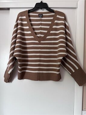 Dots Brown and White Off-the-Shoulder Striped V-Neck Sweater